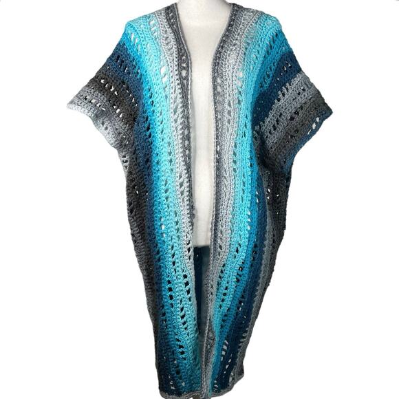 Handmade Crocheted Long Vest Cape Multicolor Striped Blue Gray Boho One Size - Picture 1 of 6